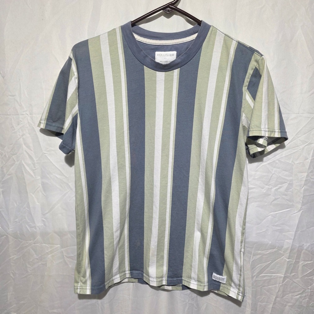 Hollister Relaxed Fit Striped T-Shirt Blue Green White Vertical Stripes XS